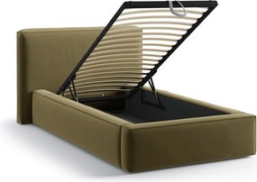 Zielone tapicerowane łóżko jednoosobowe ze schowkiem ze stelażem 90x200 cm Jodie – Micadoni