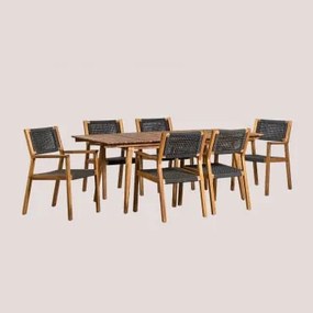 Zestaw Stół Prostokątny 160-210x90 Cm Rozkładany I 6 Krzeseł Do Jadalni Z Podłokietnikami Z Drewna Akacjowego Tenay Grafitowa Szarość - Sklum
