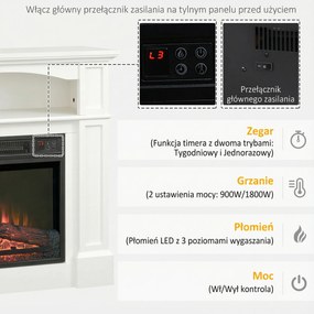 HOMCOM Elektryczny kominek z efektem płomienia 3D LED, zdolność grzewcza 30 m², pilot, Biały/Czarny