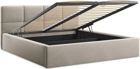 Szarobrązowe aksamitne tapicerowane łóżko dwuosobowe ze schowkiem ze stelażem 140x200 cm Hiko – Makamii
