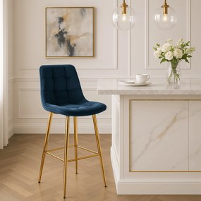Krzesło Barowe Tapicerowane Hoker ARIEL Granatowe Welurowe Nowoczesne Glamour