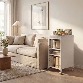 HOMCOM Mobilny regał na książki z regulowanymi półkami, 3-poziomowy wózek z górnym koszem, biały | Aosom PL