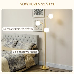HOMCOM Nowoczesna Lampa Stojąca z 3 Abażurami, z Włącznikiem Nożnym, do Salonu, Sypialni, 3 x Oprawka E27, Złoty Kolor