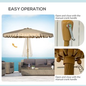Outsunny Efektowny Parasol z Frędzlami - Nachylany, z Korbką, Khaki, Ø264x240cm - Modna Ochrona