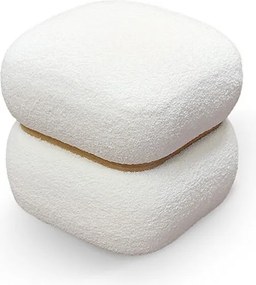 Kwadratowa pufa z białej tkaniny z efektem wełny i drewnianym pierścieniem - BOSTON