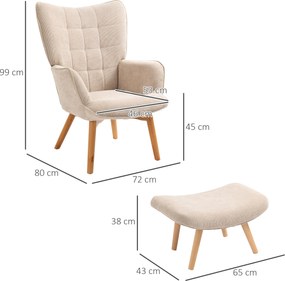 HOMCOM Fotel akcentowy w stylu skandynawskim z otomaną, zestaw foteli, drewno bukowe, w wyglądzie sztruksu, Beżowy