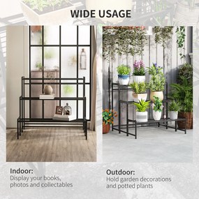 Outsunny Stojak na Doniczki, Trzystopniowy Stojak na Rośliny w Kształcie Schodów, Stojak na Doniczki do Wnętrza i na Zewnątrz, Metal, Czarny