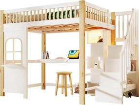 Łóżko na antresoli 140x200 cm - z oświetleniem LED - z drabiną schowkową - z biurkiem + gniazdkiem - kolor biały + naturalny (materac nie jest dołączony)