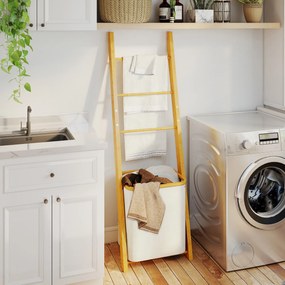 HOMCOM Regał łazienkowy, 2-w-1 z 3 drążkami, wyjmowany kosz na pranie 48L, bambusowy, 43 x 35 x 133 cm, kremowy | Aosom PL