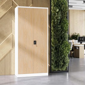 Szafa na dokumenty biurowa metalowa biała/ dąb sonoma: Eco Design JAN H, 900 x 1950 x 400 mm
