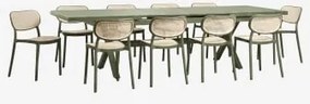 Zestaw Stołu Prostokątnego 240-300x100 Cm Rozkładanego Z Aluminium Karena Oraz 10 Sztaplowanych Krzeseł Jadalnianych Z Polipropy Intensywny Verde Oliv