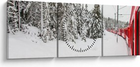Obraz - Pociąg w zaśnieżonym krajobrazie (z zegarem) (90x30 cm)