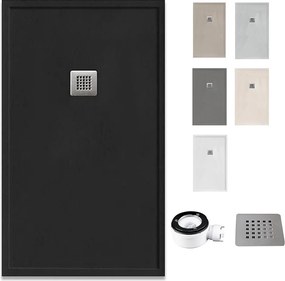 Brodzik żywiczny z rantem, ultracienki i antypoślizgowy z zaworem i kratką | Tekstura kamienia | Antracyt | 70 X 180 cm