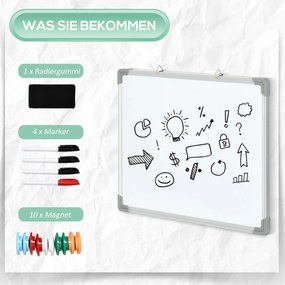 HOMCOM Whiteboard Magnetyczny, łatwo zmywalny, z 4 Markerami, 10 Magnesami, 1 Gąbką, 60 x 1,8 x 45cm