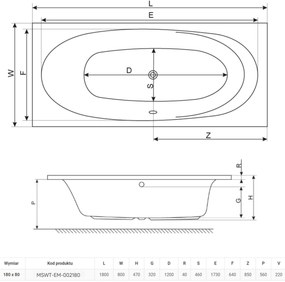 Wanna prostokątna biała 180 x 80 cm do zabudowy odpływ po środku EMBER MASSI