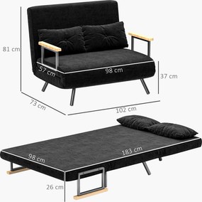 HOMCOM Dwuosobowa sofa rozkładana 4-w-1, sofa z 5-stopniowo regulowanym oparciem, 2 poduszki, 102 x 73 x 81 cm, czarna | Aosom PL