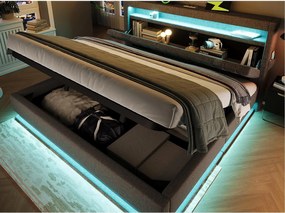 Tapicerowane łóżko z pojemnikiem 180x200 cm - z LED - z portami USB i Type-C - Tkanina lniana - Wezgłowie z przestrzenią do przechowywania - Szary