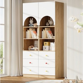 Zestaw biblioteczki 2-częściowy 100x50x200 cm - 3 szuflady i 1 drzwi łukowe - 3 półki - Ceramiczne uchwyty - Biały