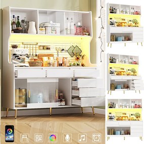 Nowoczesna komoda kuchenna - 145 x 39 x 171 cm - z diodami LED + 6 szuflad + drzwi + półka i perforowana ścianka - MDF + szkło - biała