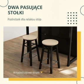 HOMCOM 3-cz. Zestaw Barowy, Bartisch ze Składanym Blatem, 2 Stołki Barowe, 6 Schowków, Czarny+Dąb, 116 x 70 x 89,5 cm