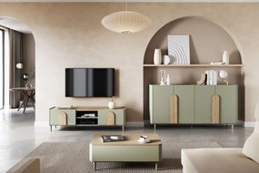 Komoda czterodrzwiowa Amilio 200 cm na nóżkach - eukaliptus / dąb baltic dune / uchwyty dąb naturalny