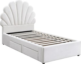 Łóżko muszla  90 x 190 cm z 2 szufladami - Welur - Białe + Materac - MOANA