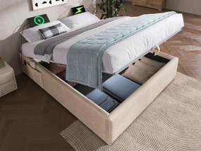 Łóżko tapicerowane 160×200cm - tkanina lniana - z gniazdami do ładowania i stelażem na listwy - Beżowe