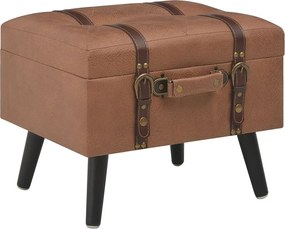 Brązowy stołek do przechowywania 40 cm z ekoskóry z nogami z litego drewna i schowkiem pod siedziskiem