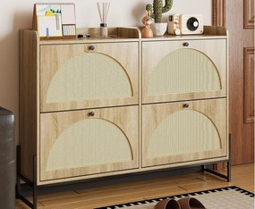 Szafa na buty 121×25×91,5 cm - z 4 drzwiami uchylnymi z rattanu - płyta wiórowa - naturalny