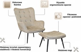 Fotel wypoczynkowy RELAX uszak z podnóżkiem : Kolor nogi - Czarna stożek, Kolor tkaniny - VELVET - MG09, Typ tkaniny - Velvet