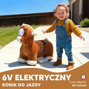 AIYAPLAY Jeździk w kształcie konia dla dzieci, miękkie obicie, zasilanie bateryjne, muzyka, kółka, 1,5-5 lat, Brązowy