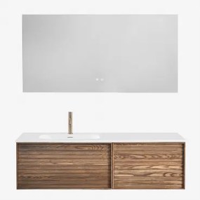 Zestaw Wiszących Mebli Łazienkowych 140x50 Cm Z Drewna Zintegrowany Z Umywalką Solea Popielaty Brąz & Szczotkowane Złoto ↑20 Cm Z Przelewowym Zaworem