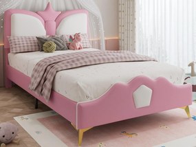 łóżko dziecięce 90x200 cm - zagłówek w kształcie korony - z stelażem lamelowym - PU - Różowy + Biały (bez materaca)