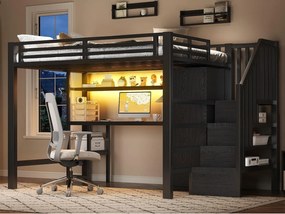 Łóżko mezzanine metalowe 140x200 cm - z biurkiem i szafą - schody z miejscem do przechowywania - z oświetleniem LED - Czarny