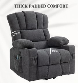 HOMCOM Elektryczny Fotel Powstańczy z Masowaniem i Podgrzewaniem, Złączami USB, Uchwytami na Kubki, Ciemnoszary