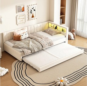 Łóżko wysuwane 90x200 cm, beżowa tkanina lniana, leżanka z portami USB i oświetleniem LED, bez materaca