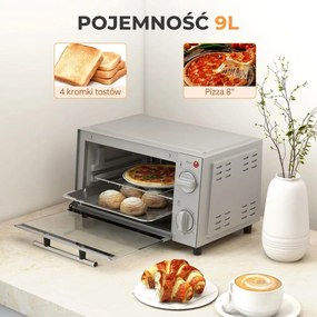 HOMCOM Minipiekarnik 9L, Mini piekarnik z blachą, rusztem, regulowaną temperaturą i czasem pieczenia, stal nierdzewna, srebrny