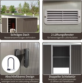 Outsunny Metalowa szopa ogrodowa z pochyłym dachem Przesuwne drzwi Zabezpieczenie narzędzi Szary 28x345x201cm | Aosom PL