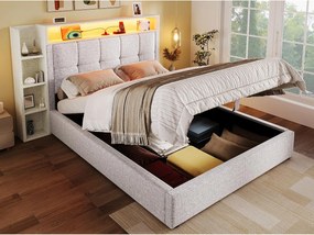 Tapicerowane łóżko z pojemnikiem 90x200 cm - z USB Type-C - oświetlenie LED - len - ​​beżowy​​ (materac nie jest wliczony w cenę)