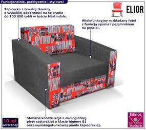 Szaro-czerwony fotel z funkcją spania P9-S17