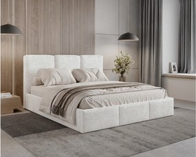 Łóżko tapicerowane 160x200 Elora boucle – łóżko z pojemnikiem na pościel i stelażem listwowym, tkanina boucle – Biały