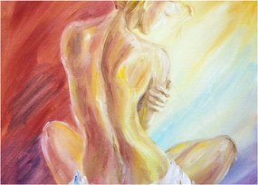 Obraz na szkle odpoczywającej kobiety, obraz olejny (70x50 cm)