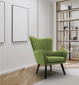 Fotel TED z tkaniny Velluto, wysoka oparcie, szerokie siedzisko, czarne nogi, pionowe przeszycia, 76x78x100 cm, jasnozielony