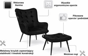 Fotel wypoczynkowy RELAX uszak z podnóżkiem : Kolor nogi - Czarna stożek, Kolor tkaniny - VELVET - MG19, Typ tkaniny - Velvet