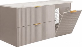 Zestaw mebli łazienkowych z koszem i blatem, złote uchwyty, kaszmir/marmur Bianco, 120 x 46 x 58,6 cm