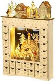HOMCOM Kalendarz świąteczny do napełnienia, 24 szufladki z diodami LED, drewno naturalne, 36 x 9 x 52 cm | Aosom PL