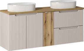 Szafka łazienkowa Nova 140 cm z białymi umywalkami Beyond, kaszmir/dąb coast evoke
