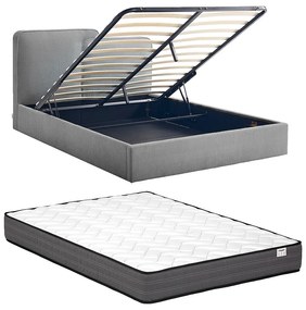 Łóżko ze skrzynią  180 x 200 cm - Welur y - Szary + Materac - NAYOLA