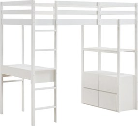 Łóżko antresola 90 x 190 cm z biurkiem i miejscami do przechowywania - Sosna i MDF - Białe - KALIZI