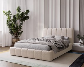 Emporius Milan łóżko tapicerowane 140x200 - pufiaste łóżko do sypialni, łóżko z pojemnikiem i stelażem - tkanina boucle, beżowy (Anthology 3)